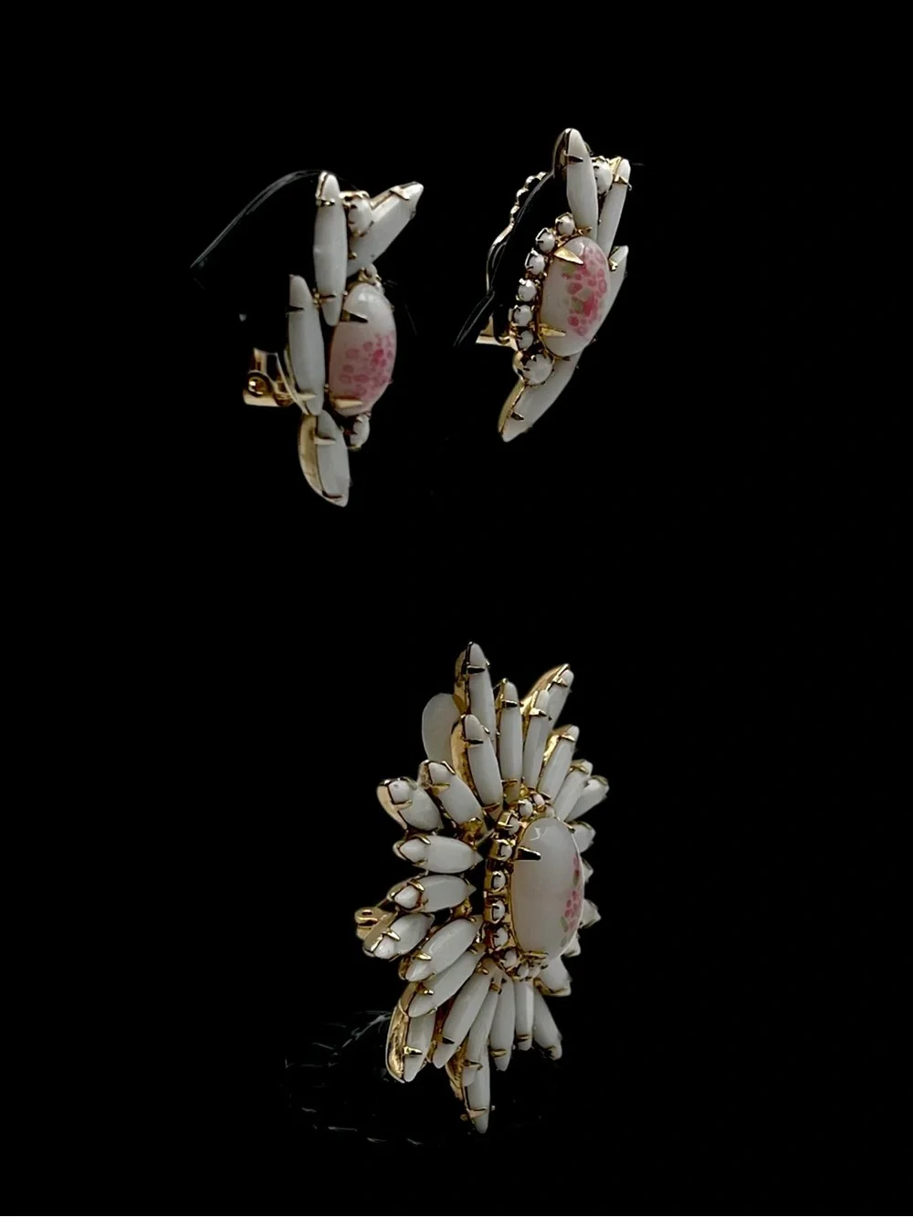 Vintage Judy Lee Milk Glass Sunburst Brooch & Clip Earrings Demi Parure Set